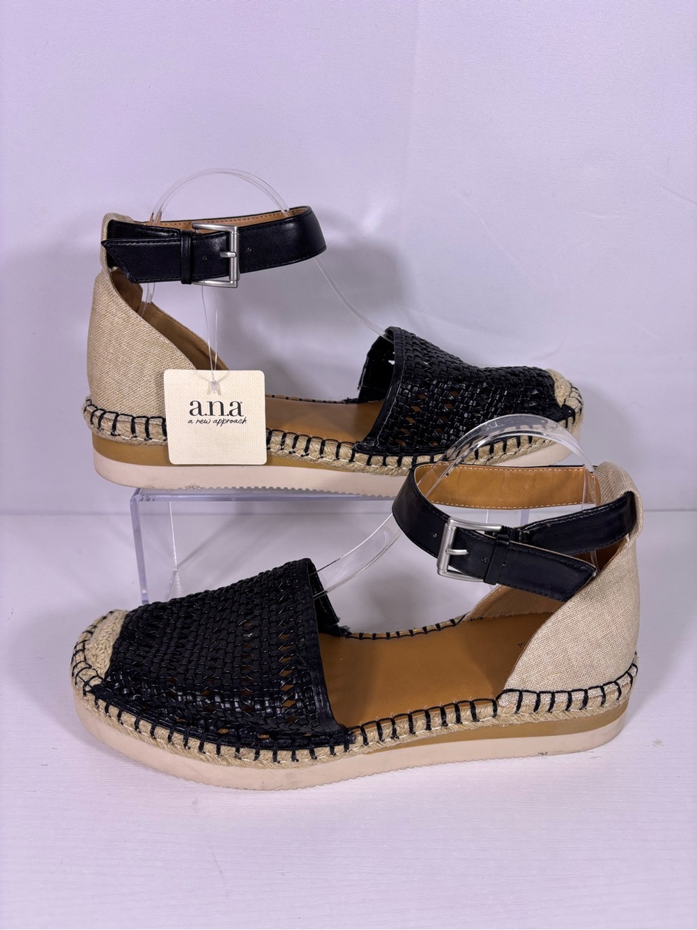 a.n.a Clara Espadrille Sandals Women’s 10 Black Natural Woven Ankle Stra